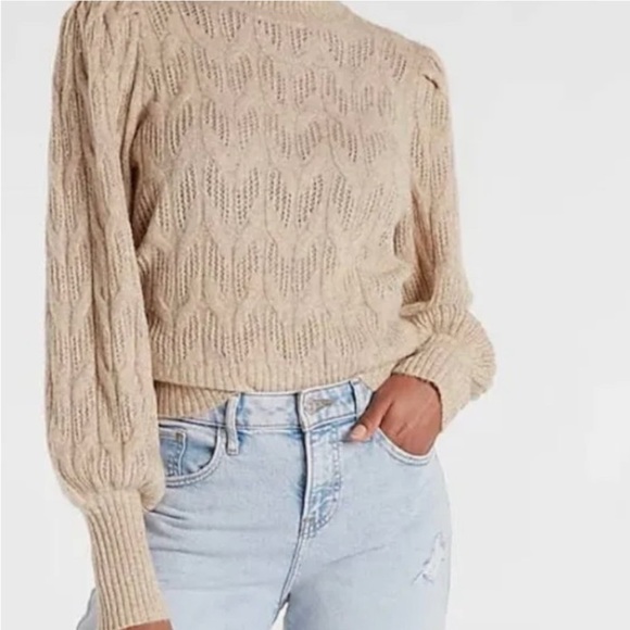 Metallic gold open stitch balloon sleeves mock neck sweater - Picture 2 of 11